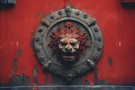 a red wall with a lion head on itの素材
