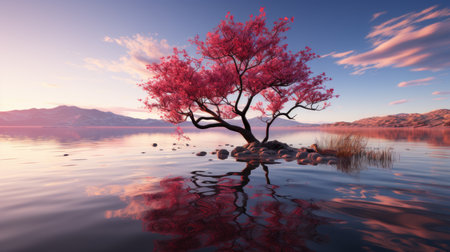 a red tree in the middle of a lake at sunset