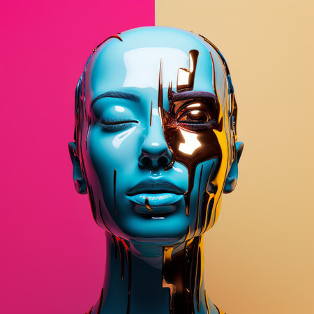 a robot head on a pink and blue backgroundの素材