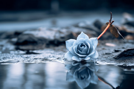 a single blue rose sitting on the ground in the waterの素材