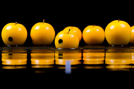 a row of yellow apples on a black surfaceの素材