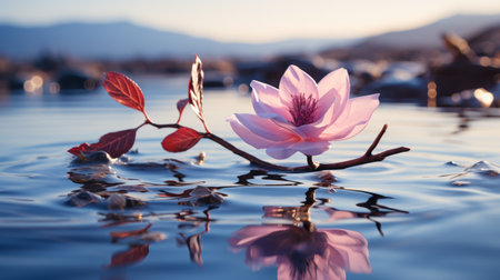a single pink flower floating in water with mountains in the backgroundの素材