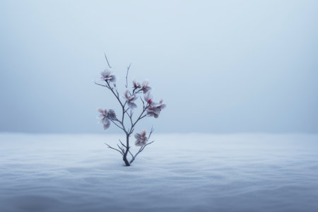 a single plant in the middle of a snow covered fieldの素材