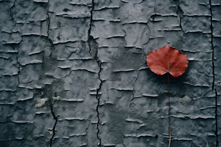 a single red leaf is on a wall with peeling paintの素材