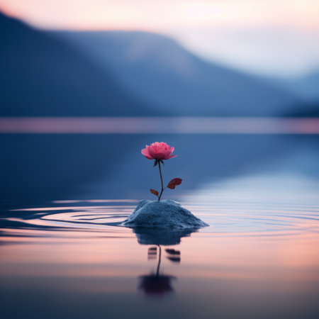 a single pink rose is sitting on top of a rock in the middle of a lakeの素材