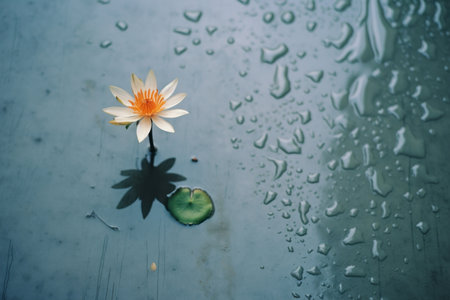 a single water lily floating in a puddle of waterの素材