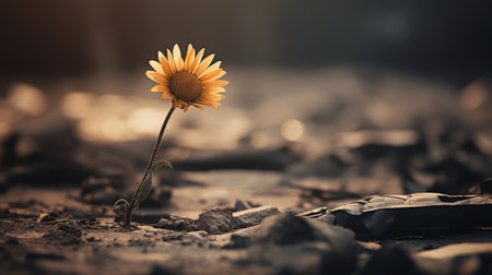 a single sunflower is standing in the middle of a fieldの素材