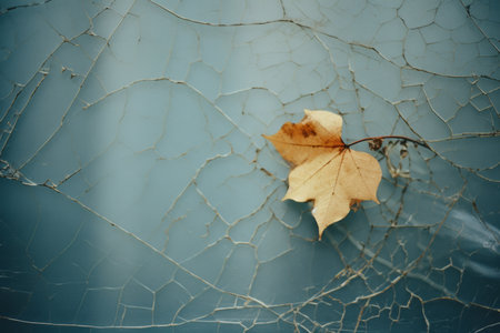 a single yellow leaf is sitting on a cracked surfaceの素材