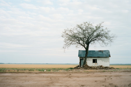 a small house with a tree in the middle of a fieldの素材