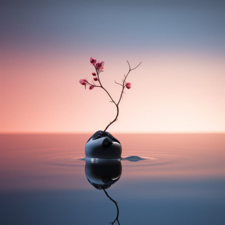 a small plant in a vase on the water with a sunset in the backgroundの素材
