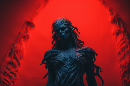 a statue of a woman standing in front of a red lightの素材