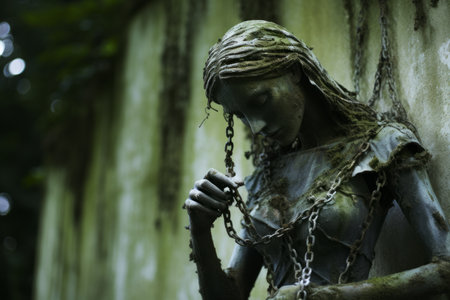 a statue of a woman with chains around her neckの素材