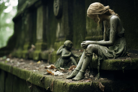 a statue of a woman sitting on a stone wallの素材