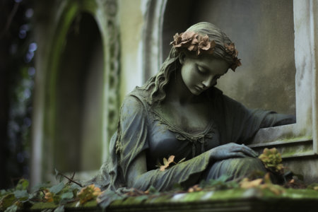 a statue of a woman sitting on a tombstoneの素材