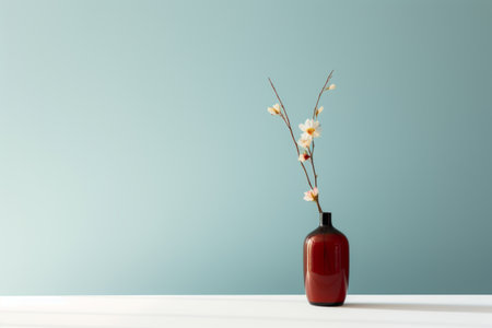 a vase with flowers sitting on a table in front of a blue wallの素材