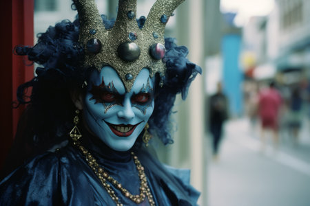 a woman dressed as a blue devil with a crown on her headの素材