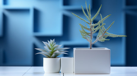 a white vase with a succulent plant sitting on a table in front of a blue wallの素材