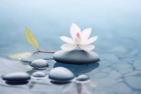 a white flower sits on top of a rock in the waterの素材