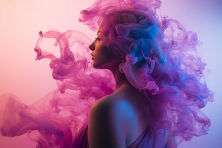 a woman in a pink dress with purple smoke coming out of her hairの素材