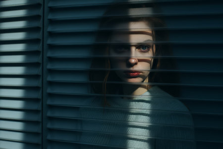 a woman is looking through the blinds of a windowの素材