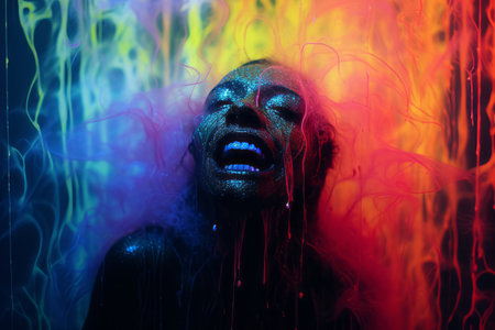 a woman is covered in colorful paint and has her mouth openの素材