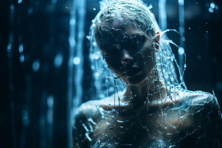 a woman covered in water standing in the showerの素材