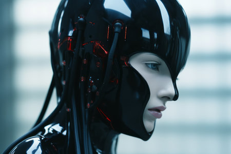 a woman in a black and red robot suitの素材