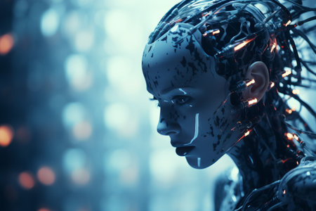 a woman in a robot suit with glowing eyesの素材