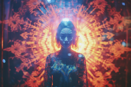 a woman standing in front of a bright lightの素材