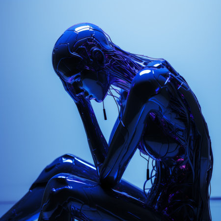 a woman in a futuristic suit sitting on the floor with her head in her handsの素材