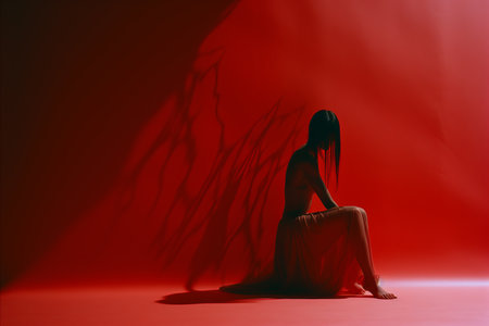 a woman sitting on the floor in front of a red wallの素材
