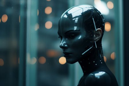 a woman in a futuristic suit with glowing eyesの素材