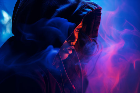 a woman in a hoodie with smoke coming out of her mouthの素材