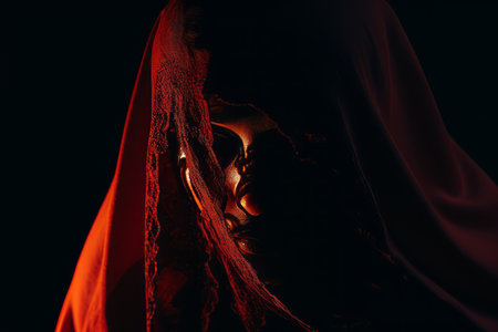 a woman wearing a red veilの素材