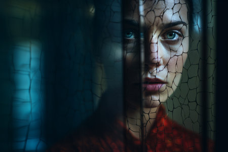a woman is looking through a cracked windowの素材