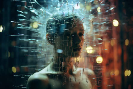 a woman is surrounded by wires and lightsの素材