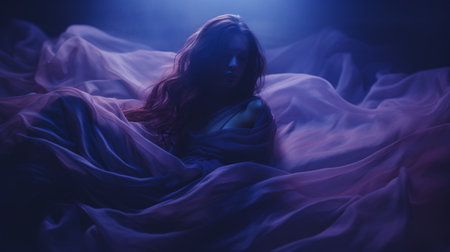 a woman with long hair is sitting in a dark roomの素材