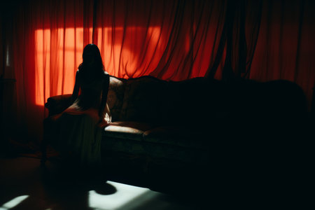 a woman sitting on a couch in front of a red curtainの素材
