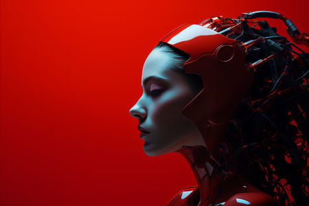 a woman in a red robot suit with wires coming out of her headの素材