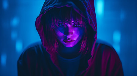 a woman in a hoodie with neon lights behind herの素材