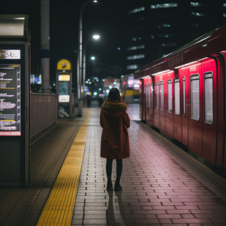 a woman in an orange coat standing on a platform at nightの素材
