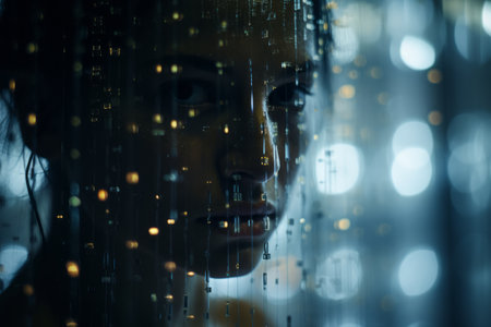 a woman in front of a glass window with lights behind herの素材