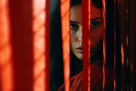 a woman is looking through the bars of a red curtainの素材