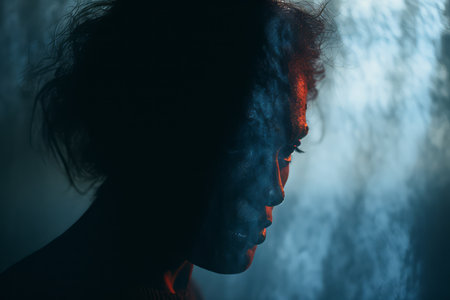 a woman in a dark room with a blue light behind herの素材