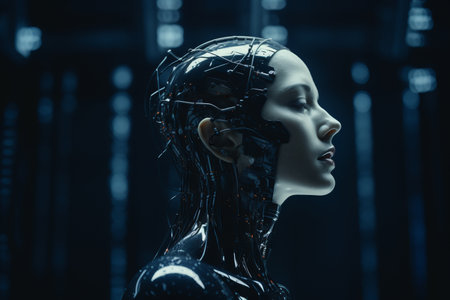 a woman in a futuristic suit with wires attached to her headの素材