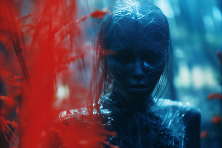 a woman with blue skin and red hair in the woodsの素材