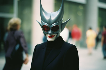 a woman wearing a silver mask with red eyesの素材