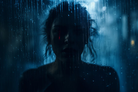 a woman standing in the rain with her eyes closedの素材