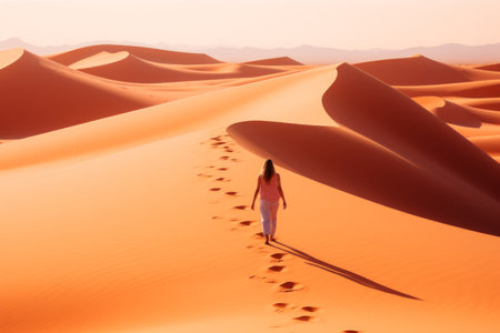 a woman walking through the sand dunes in the sahara desertの素材