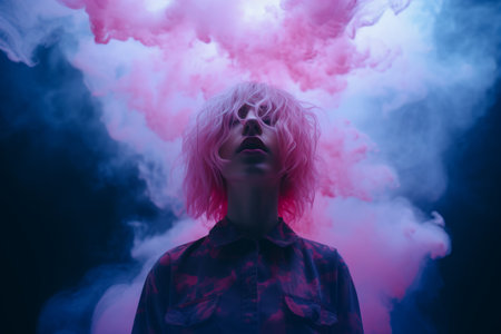 a woman with pink and blue smoke coming out of her mouthの素材
